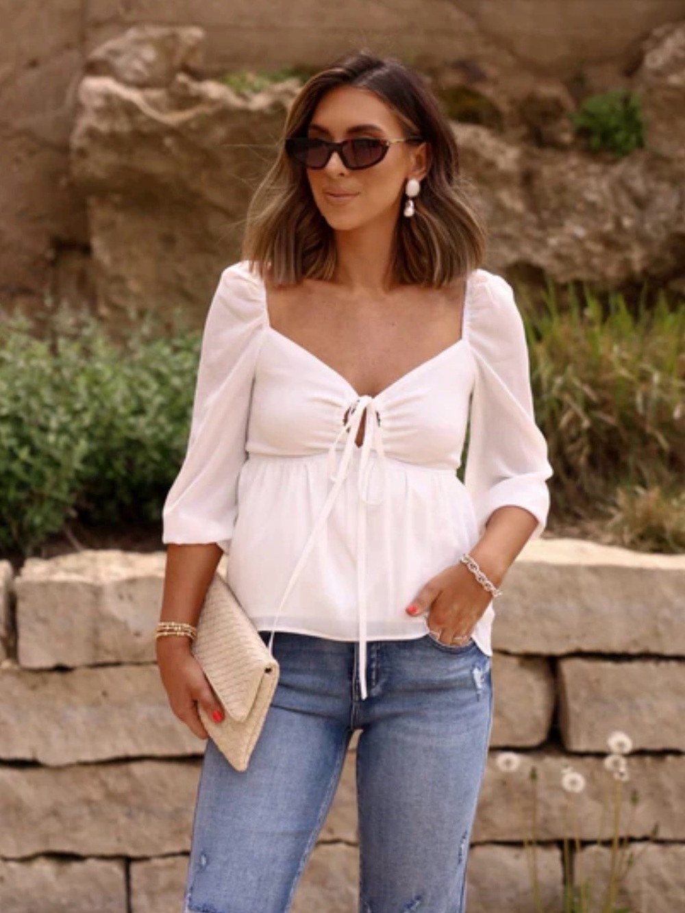 Women's White Tie-Front Peasant Blouse